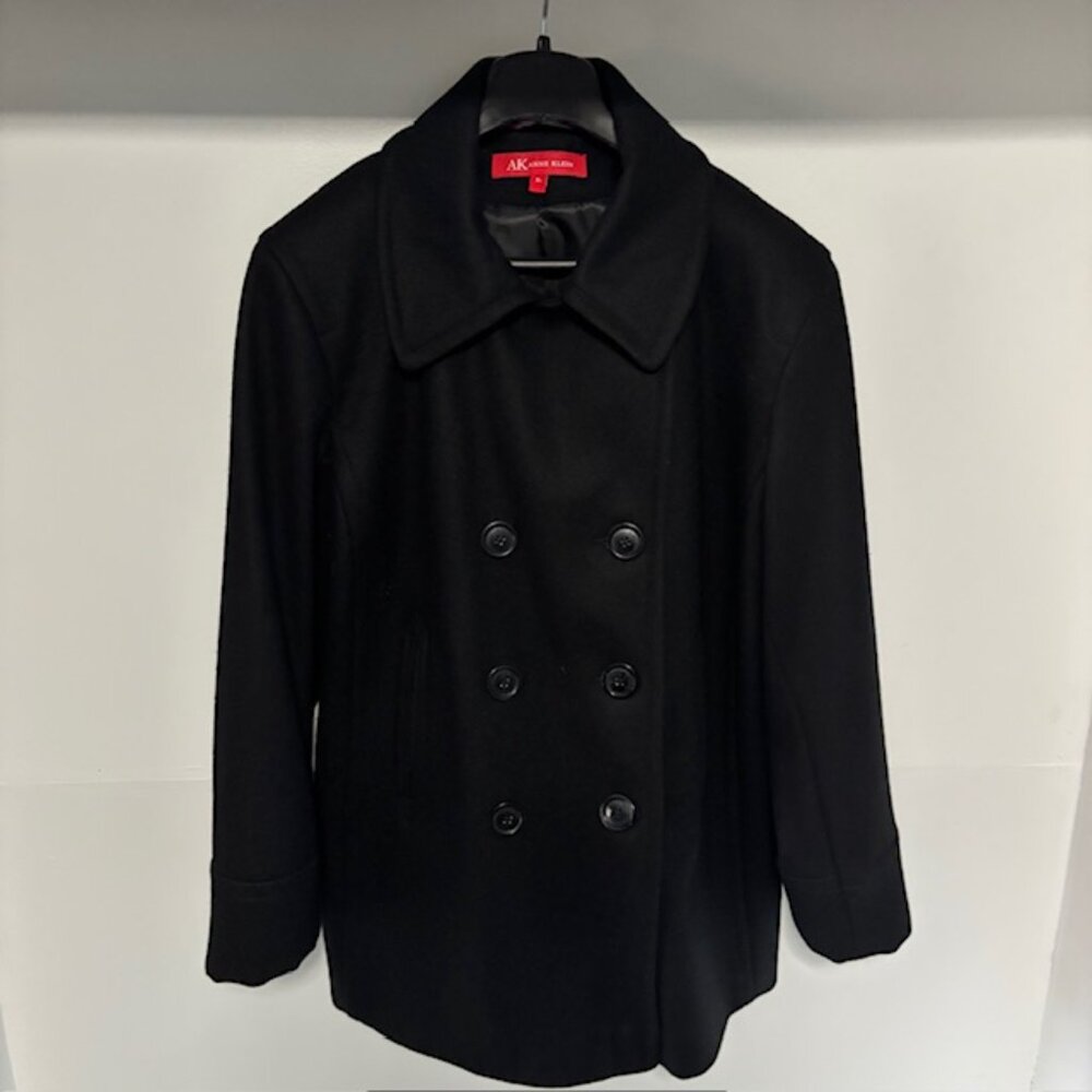 Anne Klein Black Wool Pea Coat Double-Breasted XL Button Front Notch Lapel Urban